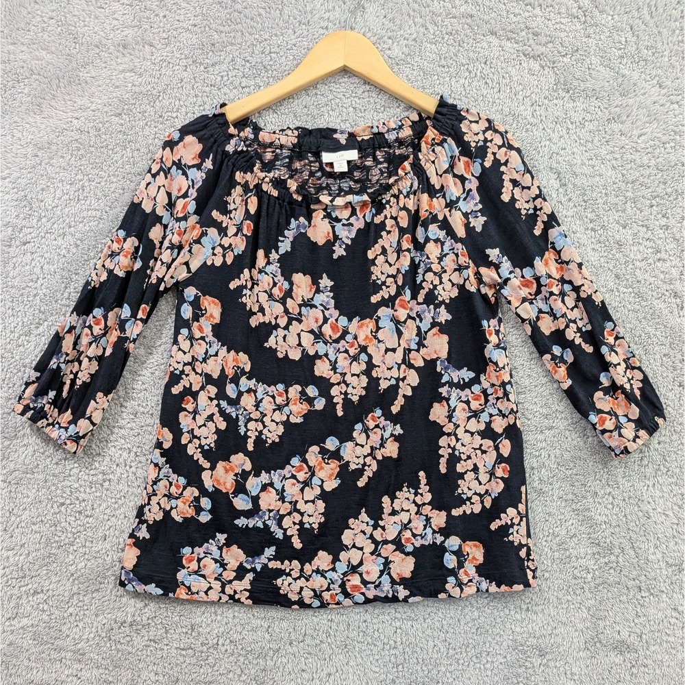 J Jill Floral Pullover Top Women XS Petite Navy Blue Boat Neck 3/4 Sleeve Cotton